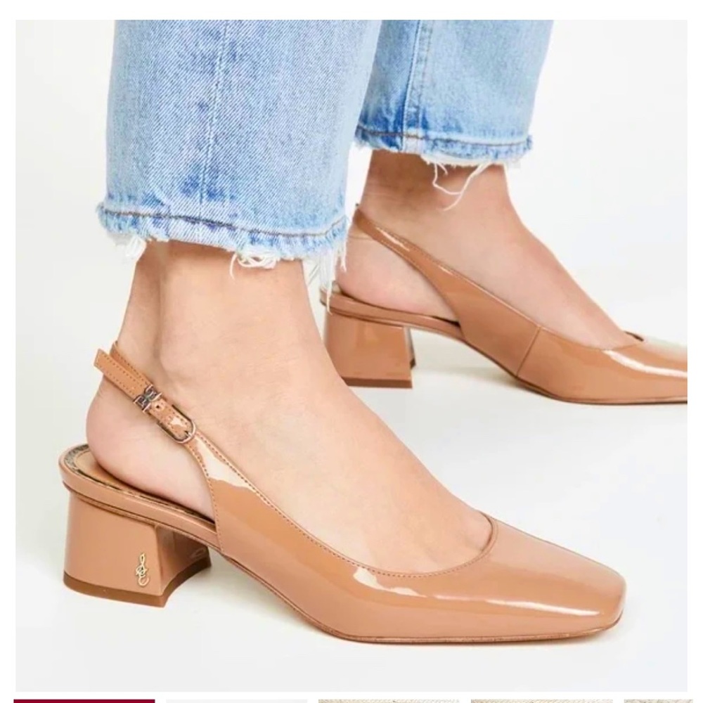 Sam Edelman Tamra Patent Slingback Heels size 7.5 Nude Tan Block Heel Square Toe